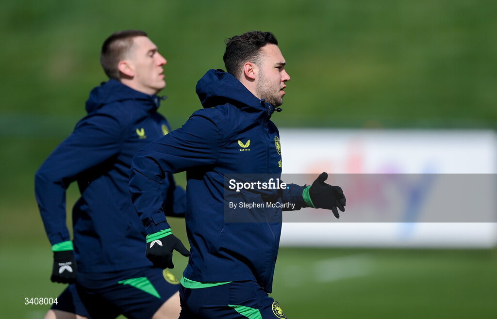 28 March 2026; Harvey Vale and Jimmy Dunne, left, during a Republic of Ireland men's training session at the FAI National Training Centre in Abbotstown, Dublin. Photo by Stephen McCarthy/Sportsfile
