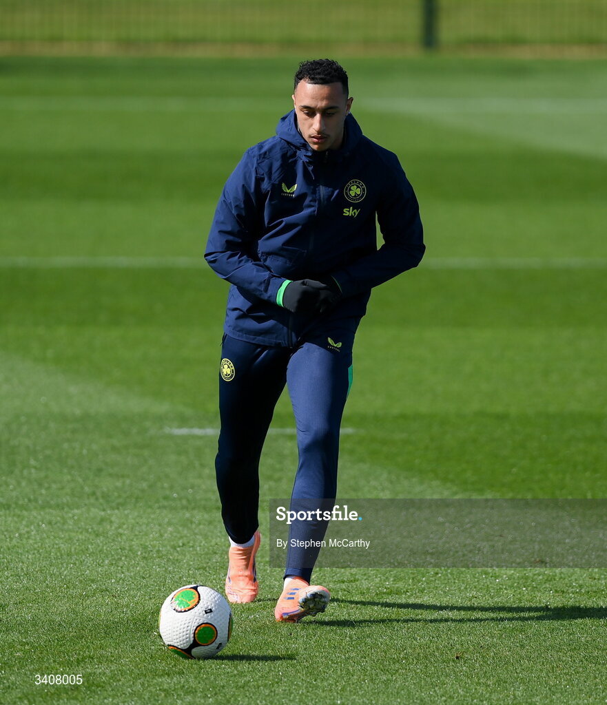28 March 2026; Adam Idah during a Republic of Ireland men's training session at the FAI National Training Centre in Abbotstown, Dublin. Photo by Stephen McCarthy/Sportsfile