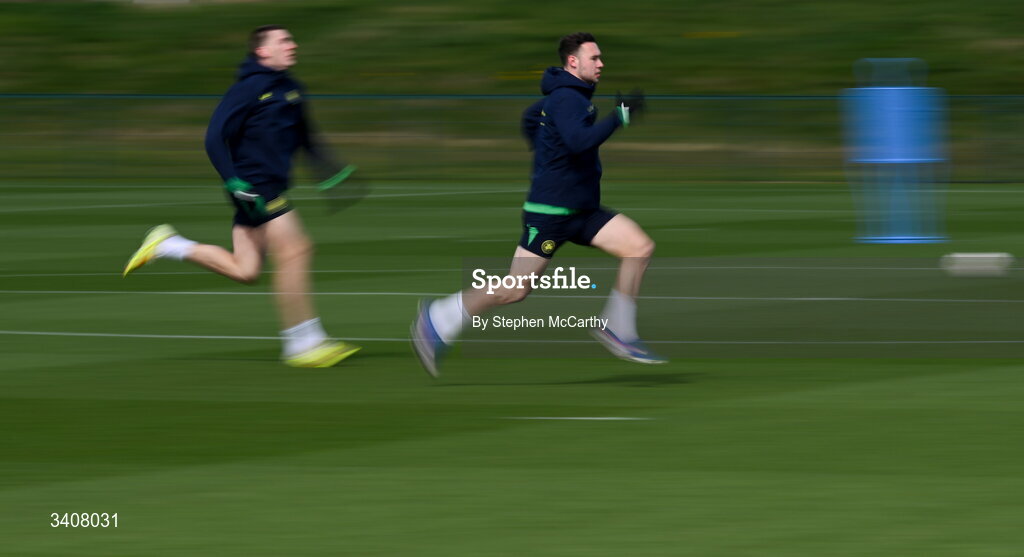 28 March 2026; Harvey Vale and Jimmy Dunne, left, during a Republic of Ireland men's training session at the FAI National Training Centre in Abbotstown, Dublin. Photo by Stephen McCarthy/Sportsfile