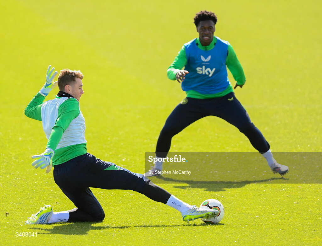 28 March 2026; Goalkeeper Mark Travers and James Abankwah, right, during a Republic of Ireland men's training session at the FAI National Training Centre in Abbotstown, Dublin. Photo by Stephen McCarthy/Sportsfile