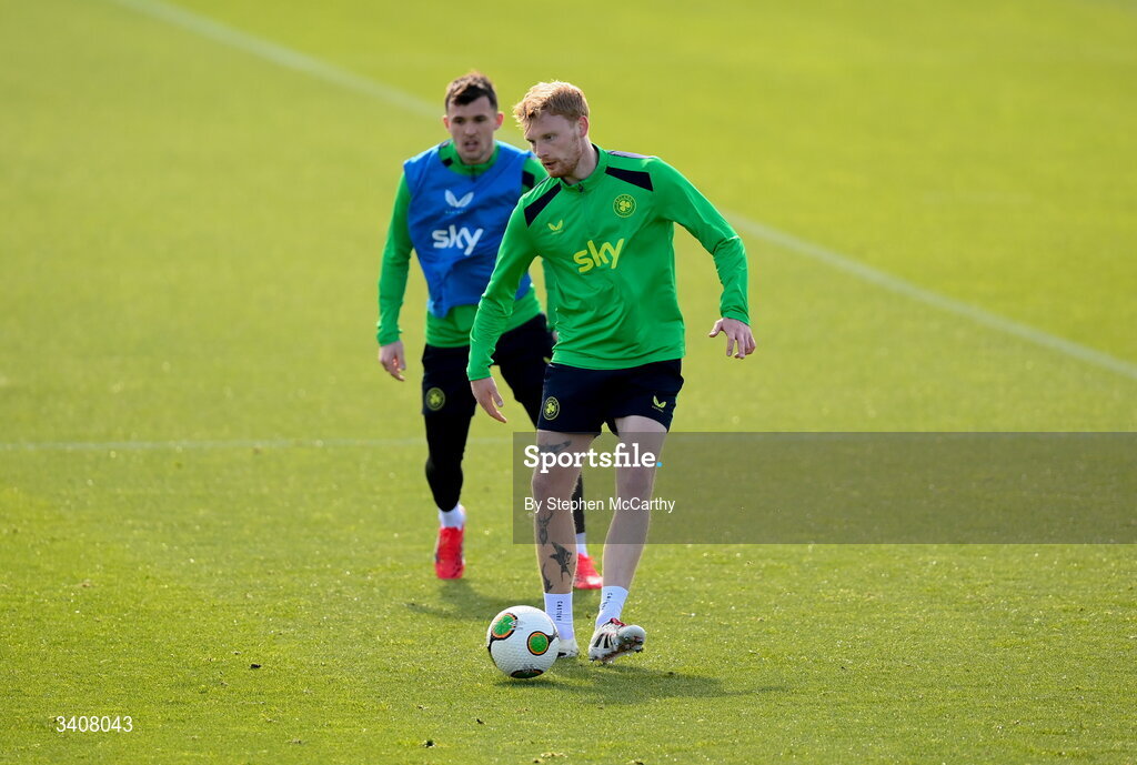 28 March 2026; Liam Scales and Jason Knight, left, during a Republic of Ireland men's training session at the FAI National Training Centre in Abbotstown, Dublin. Photo by Stephen McCarthy/Sportsfile