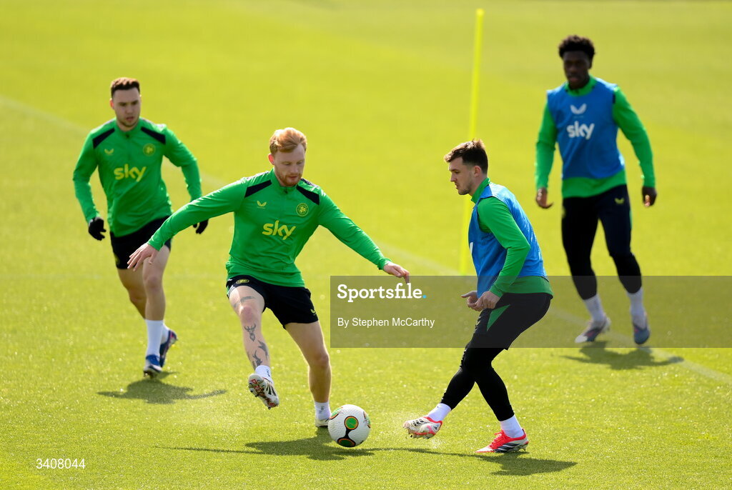 28 March 2026; Jason Knight and Liam Scales, left, during a Republic of Ireland men's training session at the FAI National Training Centre in Abbotstown, Dublin. Photo by Stephen McCarthy/Sportsfile