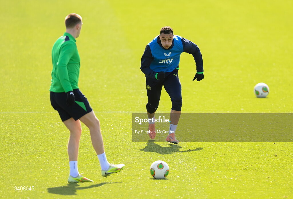 28 March 2026; Adam Idah during a Republic of Ireland men's training session at the FAI National Training Centre in Abbotstown, Dublin. Photo by Stephen McCarthy/Sportsfile