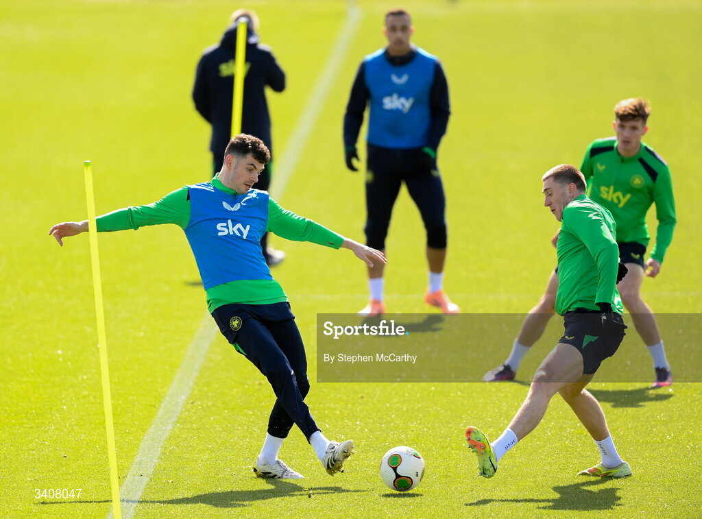 28 March 2026; John Egan, left, and Jimmy Dunne during a Republic of Ireland men's training session at the FAI National Training Centre in Abbotstown, Dublin. Photo by Stephen McCarthy/Sportsfile