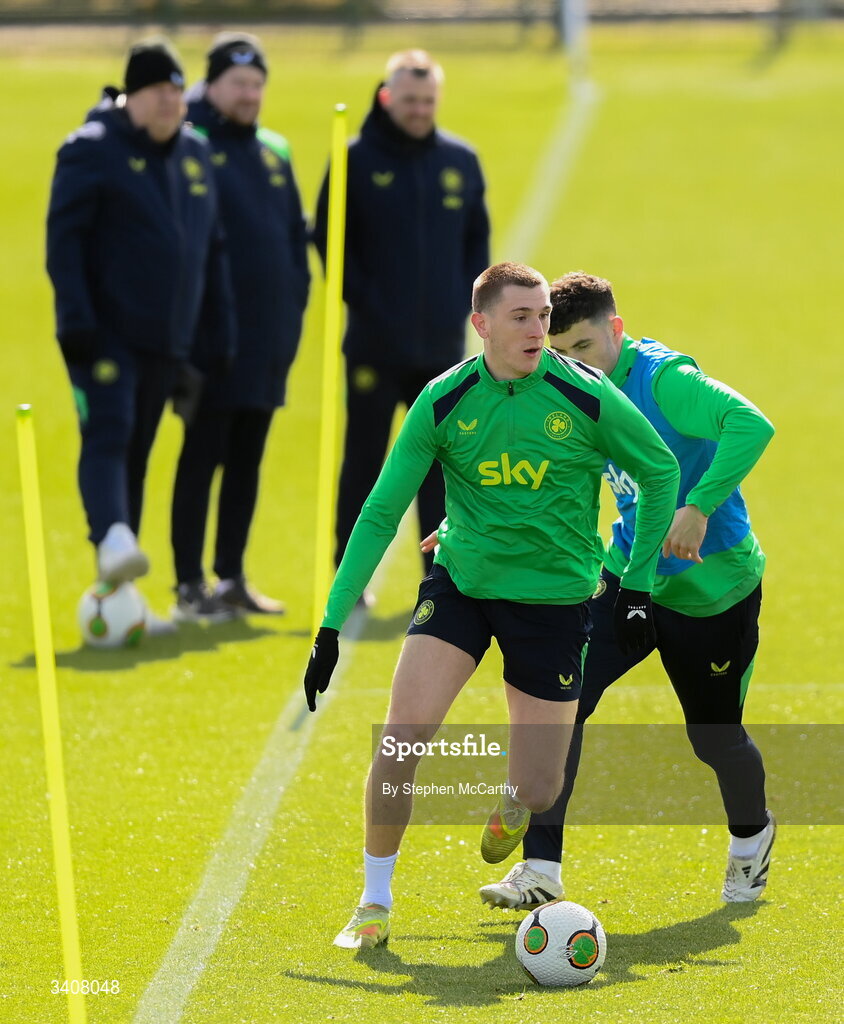 28 March 2026; Jimmy Dunne and John Egan, right, during a Republic of Ireland men's training session at the FAI National Training Centre in Abbotstown, Dublin. Photo by Stephen McCarthy/Sportsfile