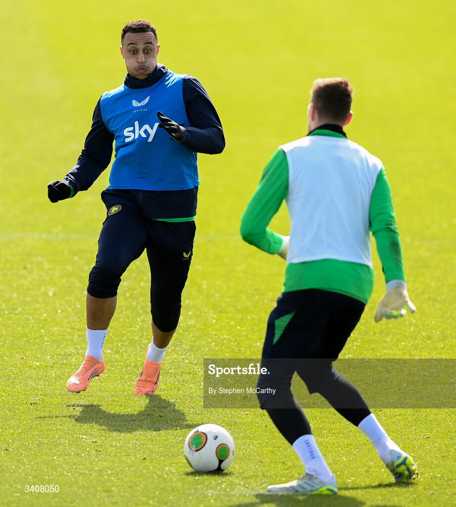 28 March 2026; Adam Idah during a Republic of Ireland men's training session at the FAI National Training Centre in Abbotstown, Dublin. Photo by Stephen McCarthy/Sportsfile