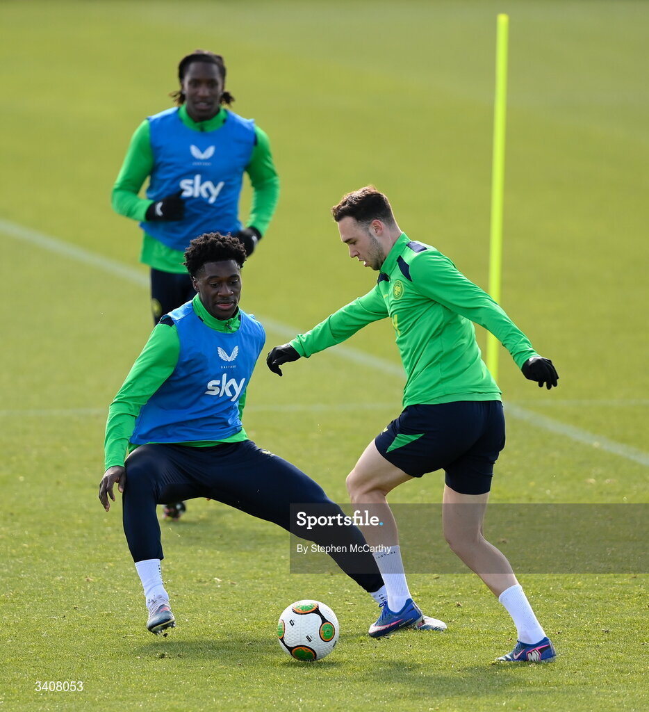 28 March 2026; Harvey Vale and James Abankwah, left, during a Republic of Ireland men's training session at the FAI National Training Centre in Abbotstown, Dublin. Photo by Stephen McCarthy/Sportsfile