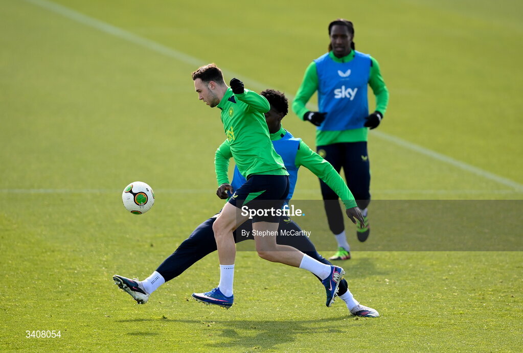 28 March 2026; Harvey Vale is tackled by James Abankwah during a Republic of Ireland men's training session at the FAI National Training Centre in Abbotstown, Dublin. Photo by Stephen McCarthy/Sportsfile