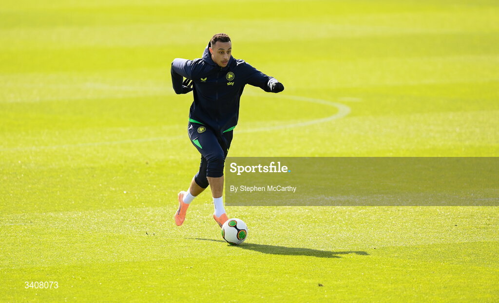 28 March 2026; Adam Idah during a Republic of Ireland men's training session at the FAI National Training Centre in Abbotstown, Dublin. Photo by Stephen McCarthy/Sportsfile