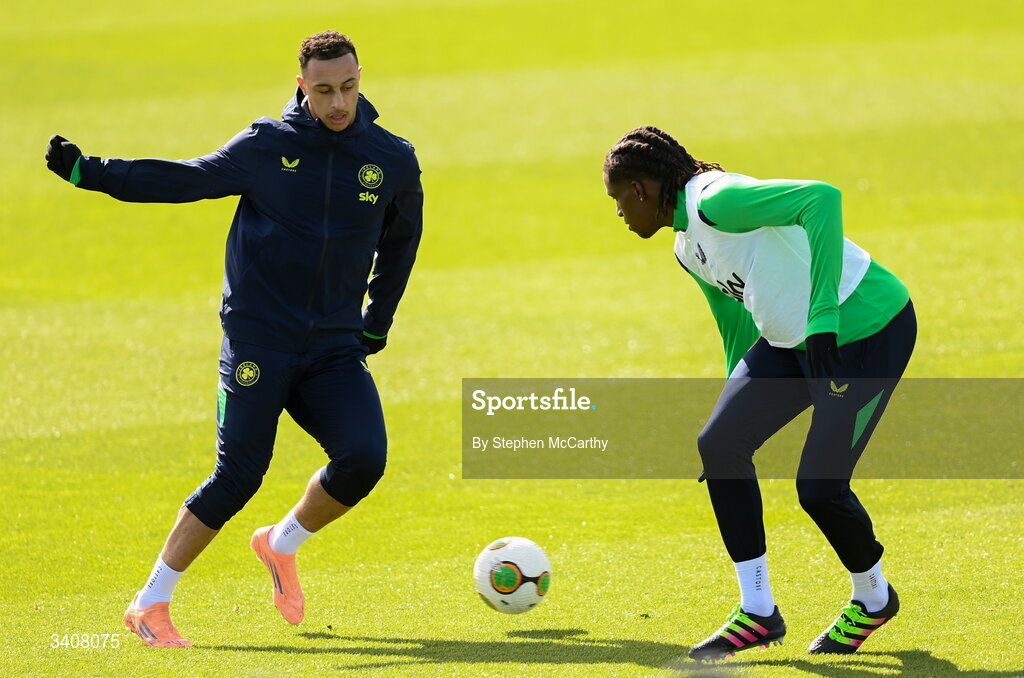 28 March 2026; Adam Idah and Bosun Lawal, right, during a Republic of Ireland men's training session at the FAI National Training Centre in Abbotstown, Dublin. Photo by Stephen McCarthy/Sportsfile