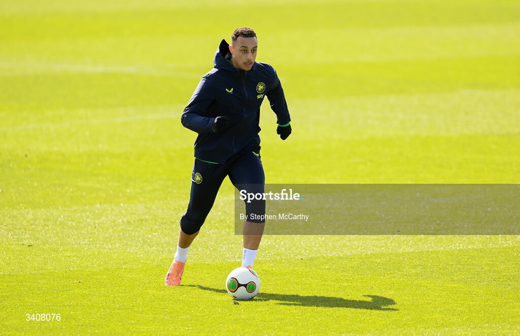28 March 2026; Adam Idah during a Republic of Ireland men's training session at the FAI National Training Centre in Abbotstown, Dublin. Photo by Stephen McCarthy/Sportsfile