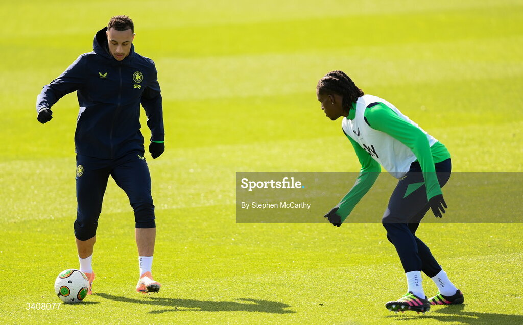 28 March 2026; Adam Idah and Bosun Lawal, right, during a Republic of Ireland men's training session at the FAI National Training Centre in Abbotstown, Dublin. Photo by Stephen McCarthy/Sportsfile