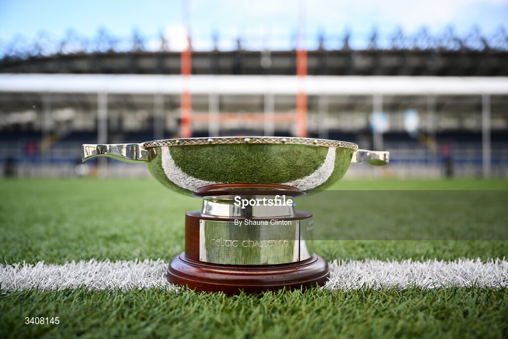 28 March 2026; The cup is seen ahead of the Celtic Challenge final match between Wolfhounds and Clovers at The Hive Stadium in Edinburgh, Scotland. Photo by Shauna Clinton/Sportsfile