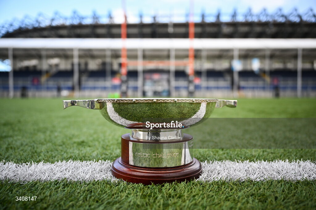 28 March 2026; The cup is seen ahead of the Celtic Challenge final match between Wolfhounds and Clovers at The Hive Stadium in Edinburgh, Scotland. Photo by Shauna Clinton/Sportsfile