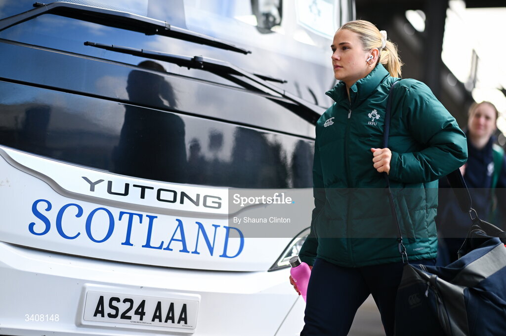 28 March 2026; Aoife Corey of Clovers arrives ahead of the Celtic Challenge final match between Wolfhounds and Clovers at The Hive Stadium in Edinburgh, Scotland. Photo by Shauna Clinton/Sportsfile