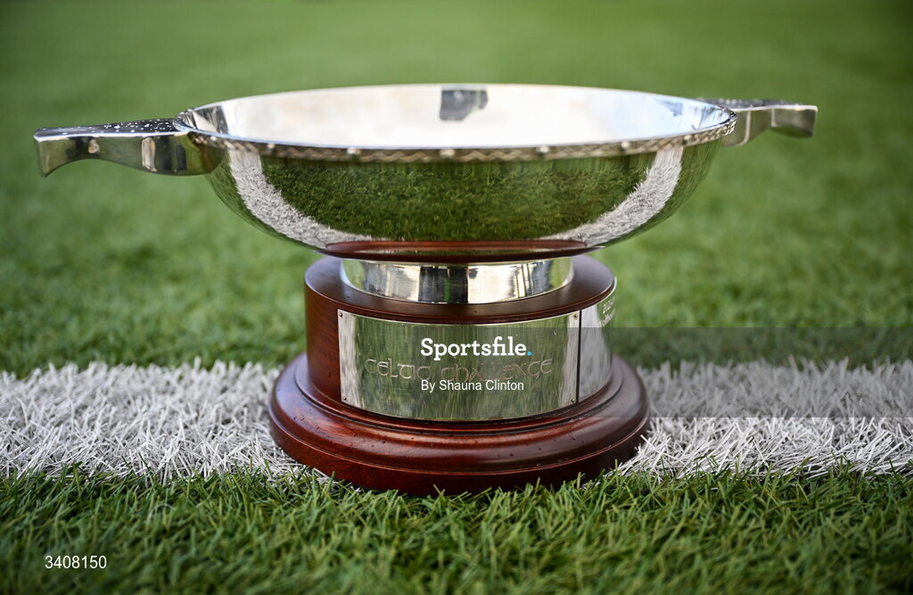28 March 2026; The cup is seen ahead of the Celtic Challenge final match between Wolfhounds and Clovers at The Hive Stadium in Edinburgh, Scotland. Photo by Shauna Clinton/Sportsfile