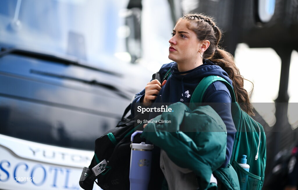 28 March 2026; Katie Whelan of Wolfhounds arrives ahead of the Celtic Challenge final match between Wolfhounds and Clovers at The Hive Stadium in Edinburgh, Scotland. Photo by Shauna Clinton/Sportsfile