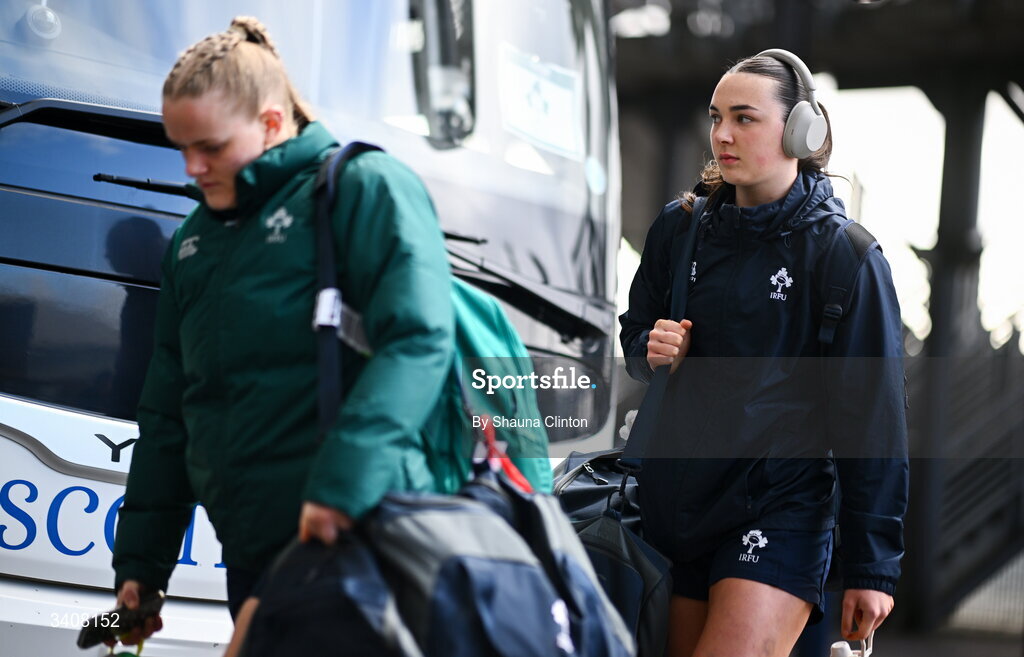 28 March 2026; Niamh Murphy of Clovers arrives ahead of the Celtic Challenge final match between Wolfhounds and Clovers at The Hive Stadium in Edinburgh, Scotland. Photo by Shauna Clinton/Sportsfile