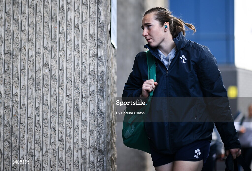 28 March 2026; Eve Higgins of Wolfhounds arrives ahead of the Celtic Challenge final match between Wolfhounds and Clovers at The Hive Stadium in Edinburgh, Scotland. Photo by Shauna Clinton/Sportsfile