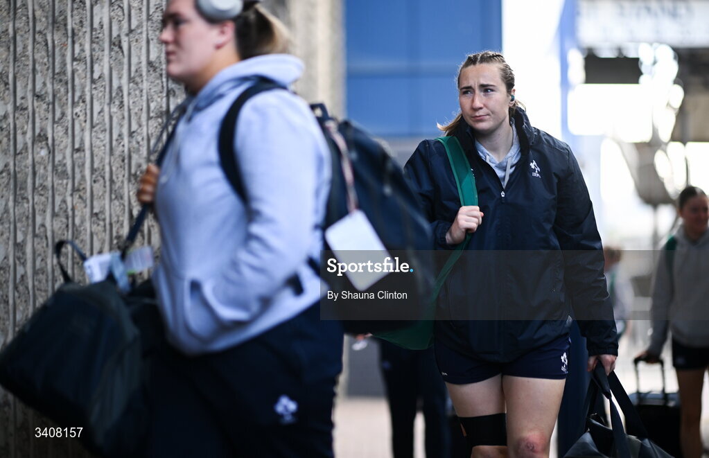 28 March 2026; Eve Higgins of Wolfhounds arrives ahead of the Celtic Challenge final match between Wolfhounds and Clovers at The Hive Stadium in Edinburgh, Scotland. Photo by Shauna Clinton/Sportsfile