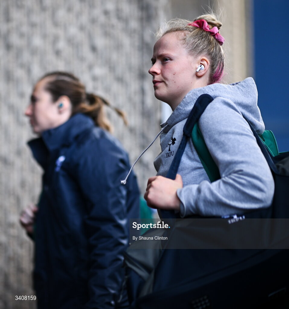 28 March 2026; Dannah O'Brien of Wolfhounds arrives ahead of the Celtic Challenge final match between Wolfhounds and Clovers at The Hive Stadium in Edinburgh, Scotland. Photo by Shauna Clinton/Sportsfile