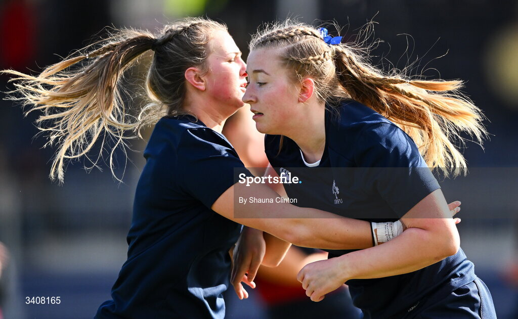 28 March 2026; Wolfhounds players warm-up before the Celtic Challenge final match between Wolfhounds and Clovers at The Hive Stadium in Edinburgh, Scotland. Photo by Shauna Clinton/Sportsfile