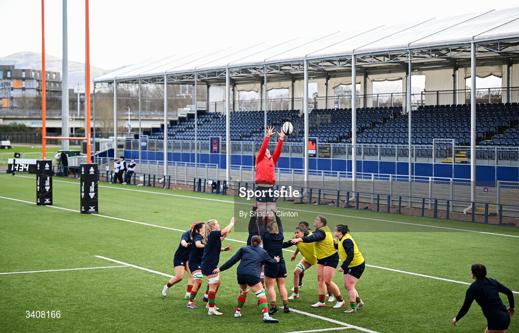 28 March 2026; Clovers players warm-up before the Celtic Challenge final match between Wolfhounds and Clovers at The Hive Stadium in Edinburgh, Scotland. Photo by Shauna Clinton/Sportsfile