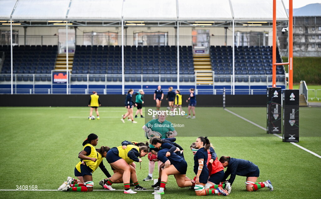 28 March 2026; Clovers players warm-up before the Celtic Challenge final match between Wolfhounds and Clovers at The Hive Stadium in Edinburgh, Scotland. Photo by Shauna Clinton/Sportsfile