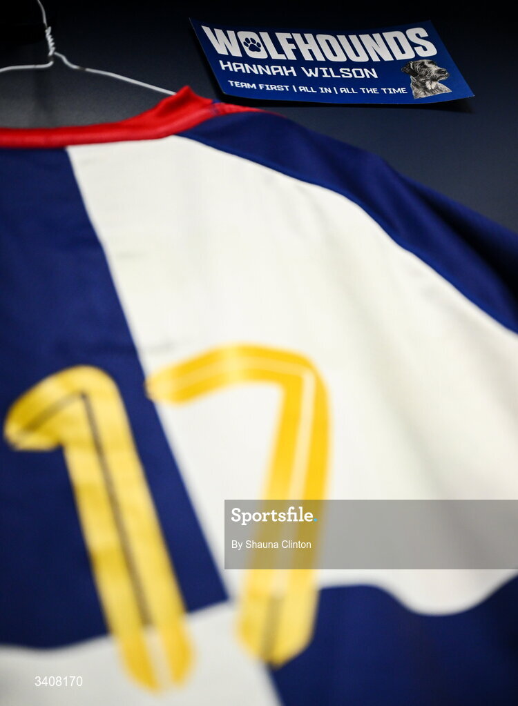 28 March 2026; The jersey of Hannah Wilson of Wolfhounds is seen hanging in the dressing-room ahead of the Celtic Challenge final match between Wolfhounds and Clovers at The Hive Stadium in Edinburgh, Scotland. Photo by Shauna Clinton/Sportsfile