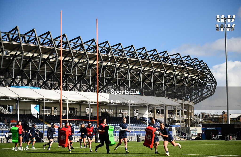 28 March 2026; Wolfhounds players warm-up before the Celtic Challenge final match between Wolfhounds and Clovers at The Hive Stadium in Edinburgh, Scotland. Photo by Shauna Clinton/Sportsfile