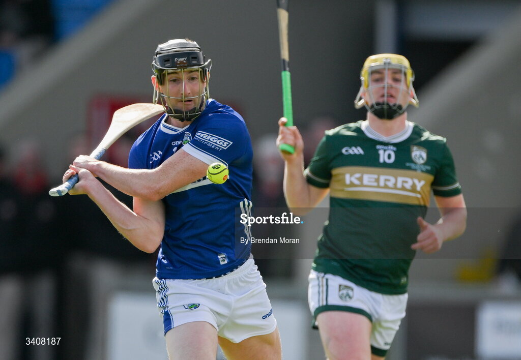 28 March 2026; Aaron Dunphy of Laois in action against Tom Doyle of Kerry during the Allianz Hurling League Division 2 final match between Laois and Kerry at Laois Hire O'Moore Park in Portlaoise, Laois. Photo by Brendan Moran/Sportsfile