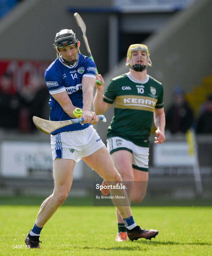 28 March 2026; Aaron Dunphy of Laois in action against Tom Doyle of Kerry during the Allianz Hurling League Division 2 final match between Laois and Kerry at Laois Hire O'Moore Park in Portlaoise, Laois. Photo by Brendan Moran/Sportsfile