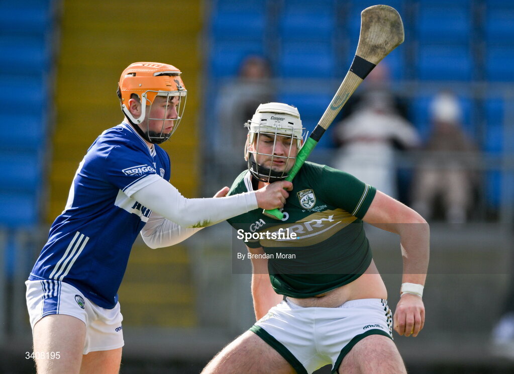 28 March 2026; Jason Diggins of Kerry is tackled by Cillian Dunne of Laois during the Allianz Hurling League Division 2 final match between Laois and Kerry at Laois Hire O'Moore Park in Portlaoise, Laois. Photo by Brendan Moran/Sportsfile
