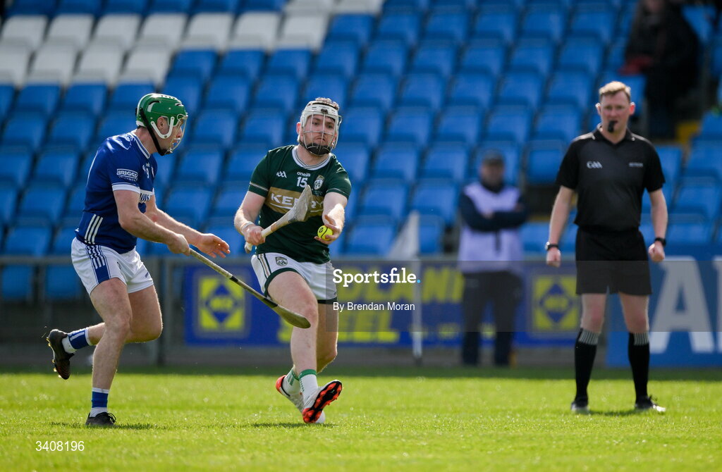 28 March 2026; Michael Slattery of Kerry gathers possession ahead of Aidan Corby of Laois during the Allianz Hurling League Division 2 final match between Laois and Kerry at Laois Hire O'Moore Park in Portlaoise, Laois. Photo by Brendan Moran/Sportsfile