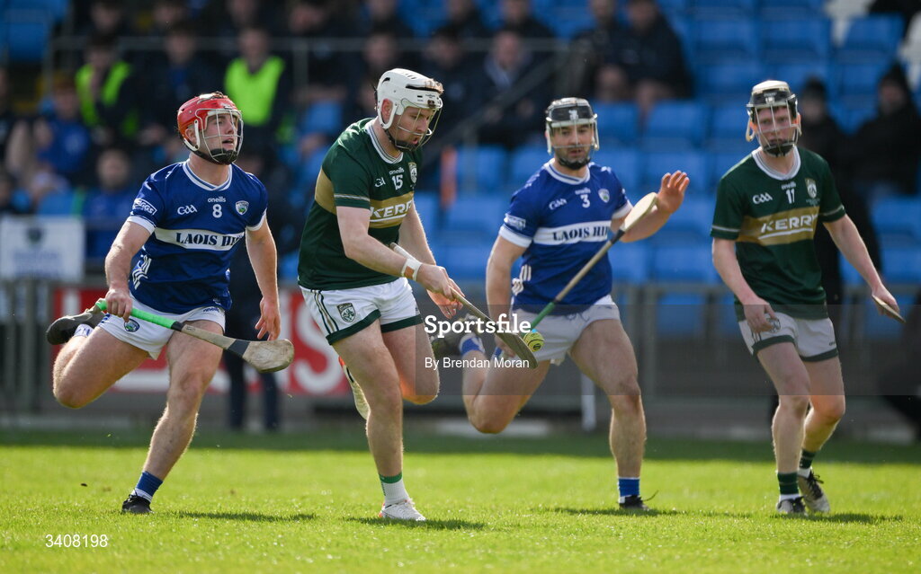 28 March 2026; Michael Slattery of Kerry in action against David Dooley of Laois during the Allianz Hurling League Division 2 final match between Laois and Kerry at Laois Hire O'Moore Park in Portlaoise, Laois. Photo by Brendan Moran/Sportsfile