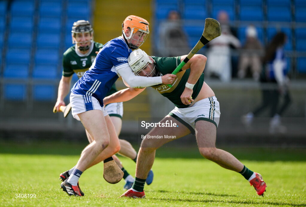 28 March 2026; Jason Diggins of Kerry is tackled by Cillian Dunne of Laois during the Allianz Hurling League Division 2 final match between Laois and Kerry at Laois Hire O'Moore Park in Portlaoise, Laois. Photo by Brendan Moran/Sportsfile