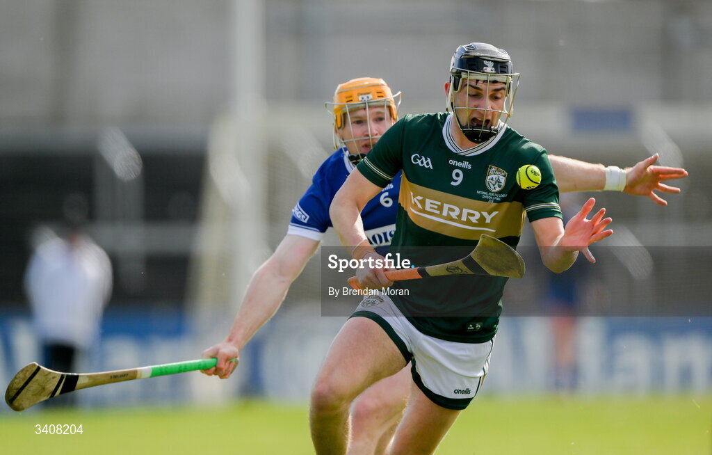 28 March 2026; Ronan Walsh of Kerry in action against Padraig Delaney of Laois during the Allianz Hurling League Division 2 final match between Laois and Kerry at Laois Hire O'Moore Park in Portlaoise, Laois. Photo by Brendan Moran/Sportsfile