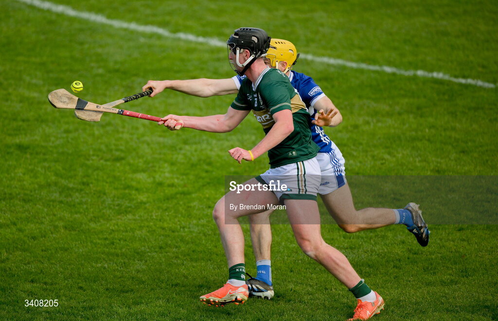 28 March 2026; Liam Óg O’Connor of Kerry in action against Ian Shanahan of Laois during the Allianz Hurling League Division 2 final match between Laois and Kerry at Laois Hire O'Moore Park in Portlaoise, Laois. Photo by Brendan Moran/Sportsfile
