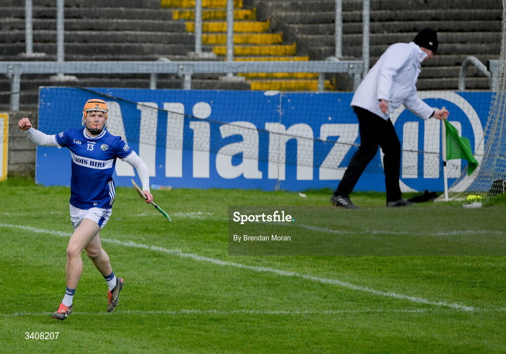 28 March 2026; Cillian Dunne of Laois celebrates after scoring his side's second goal during the Allianz Hurling League Division 2 final match between Laois and Kerry at Laois Hire O'Moore Park in Portlaoise, Laois. Photo by Brendan Moran/Sportsfile