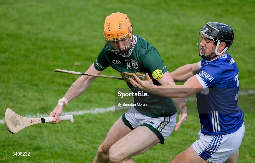 28 March 2026; Daniel Casey of Kerry and Lee Cleere of Laois contest possession during the Allianz Hurling League Division 2 final match between Laois and Kerry at Laois Hire O'Moore Park in Portlaoise, Laois. Photo by Brendan Moran/Sportsfile