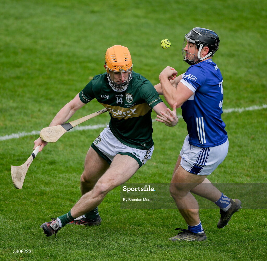 28 March 2026; Daniel Casey of Kerry and Lee Cleere of Laois contest possession during the Allianz Hurling League Division 2 final match between Laois and Kerry at Laois Hire O'Moore Park in Portlaoise, Laois. Photo by Brendan Moran/Sportsfile
