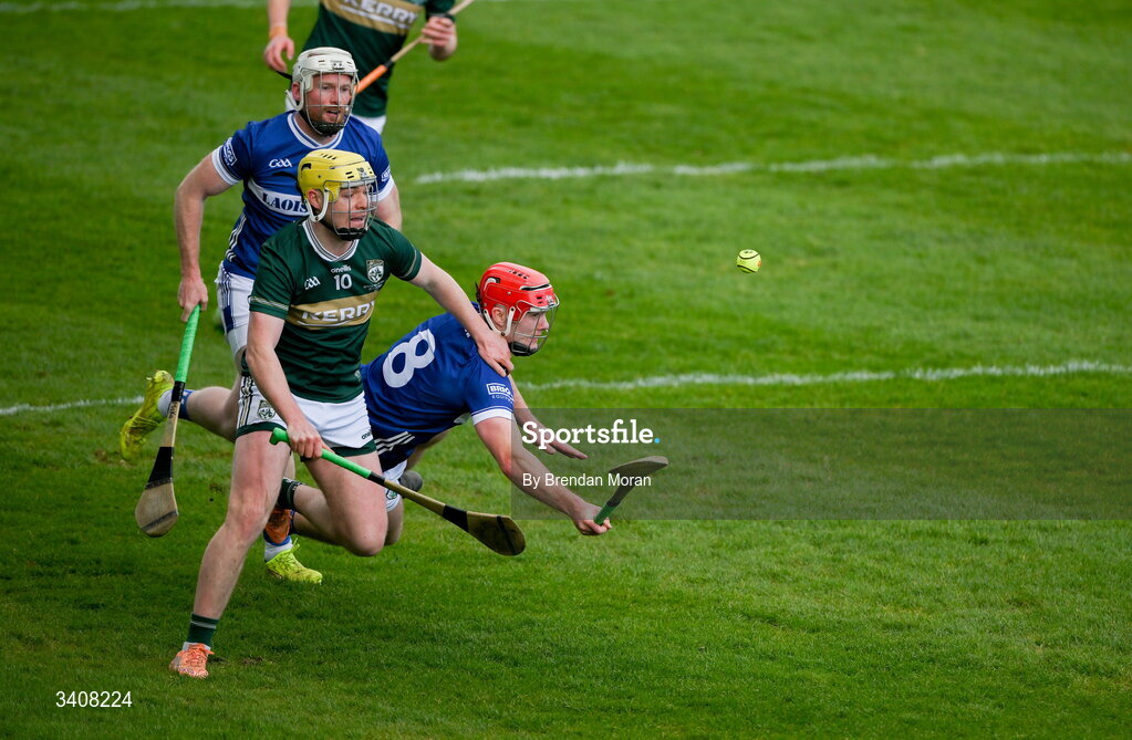 28 March 2026; Tom Doyle of Kerry in action against David Dooley of Laois during the Allianz Hurling League Division 2 final match between Laois and Kerry at Laois Hire O'Moore Park in Portlaoise, Laois. Photo by Brendan Moran/Sportsfile