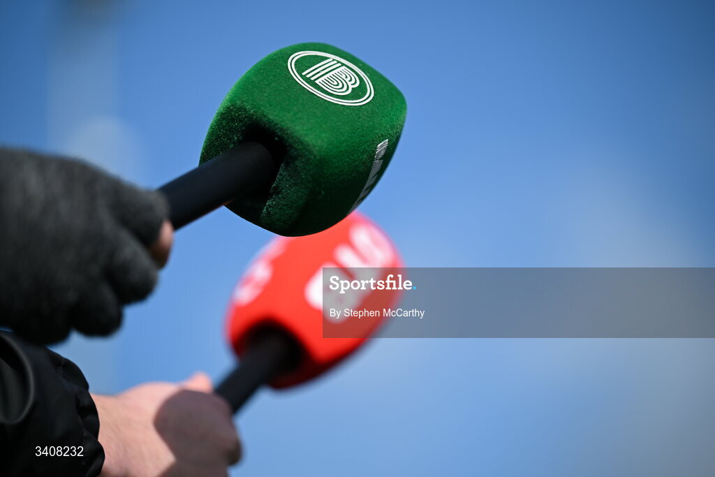 28 March 2026; A detailed view of a Balls.ie microphone during a pitchside briefing before a Republic of Ireland men's training session at the FAI National Training Centre in Abbotstown, Dublin. Photo by Stephen McCarthy/Sportsfile