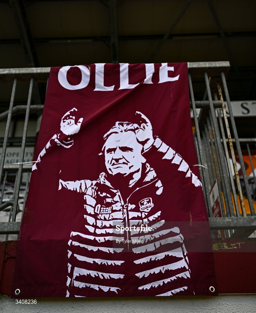 28 March 2026; A flag in rememberance of the late Ollie Horgan is seen inside the stadium before the SSE Airtricity Women's Premier Division match between Galway United and Wexford at Eamonn Deacy Park in Galway. Photo by Tyler Miller/Sportsfile