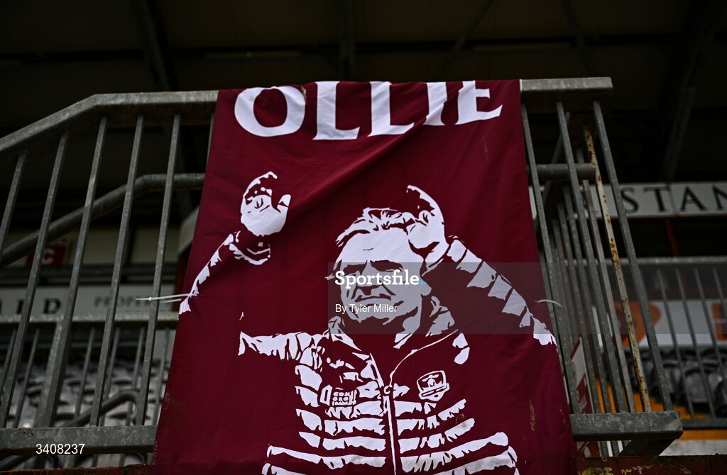 28 March 2026; A flag in rememberance of the late Ollie Horgan is seen inside the stadium before the SSE Airtricity Women's Premier Division match between Galway United and Wexford at Eamonn Deacy Park in Galway. Photo by Tyler Miller/Sportsfile