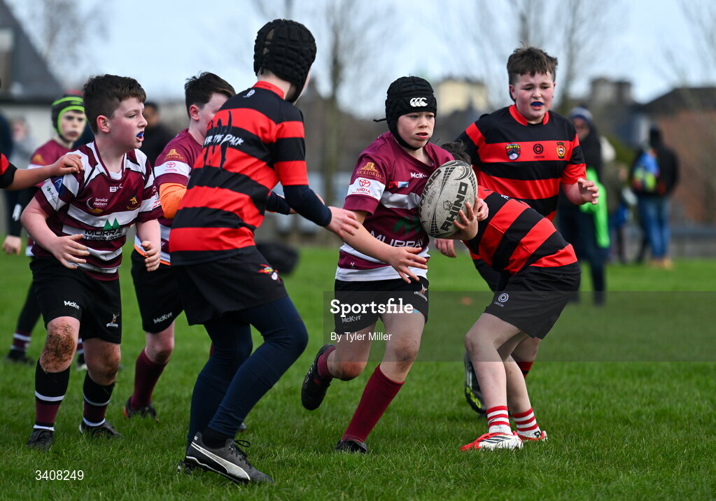 28 March 2026; Action during the Aviva Minis Rugby Festival Connacht match between Creggs and Monivea at Galway Bay RFC at Knocknacarra Park in Galway. Photo by Tyler Miller/Sportsfile