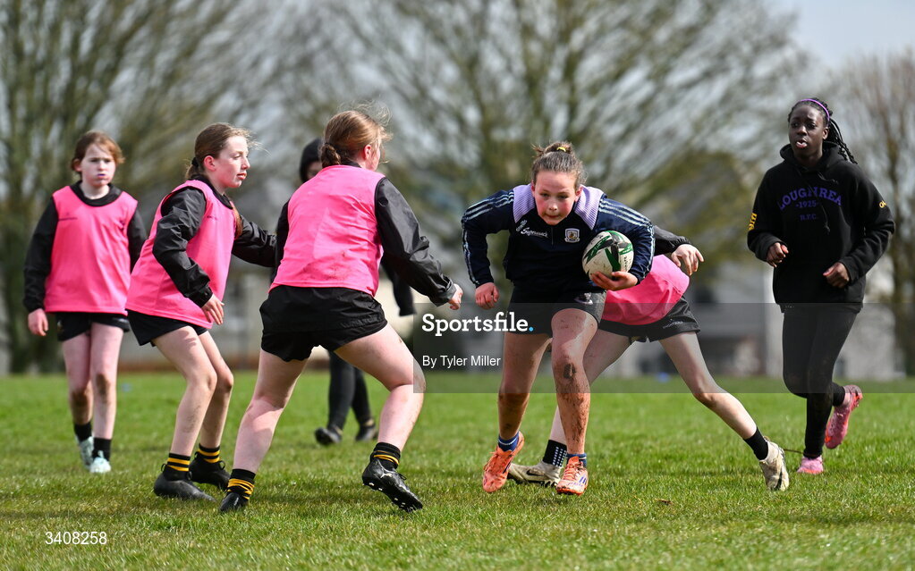 28 March 2026; Action during the Aviva Minis Rugby Festival Connacht match between Dunmore and Loughrea at Galway Bay RFC at Knocknacarra Park in Galway. Photo by Tyler Miller/Sportsfile