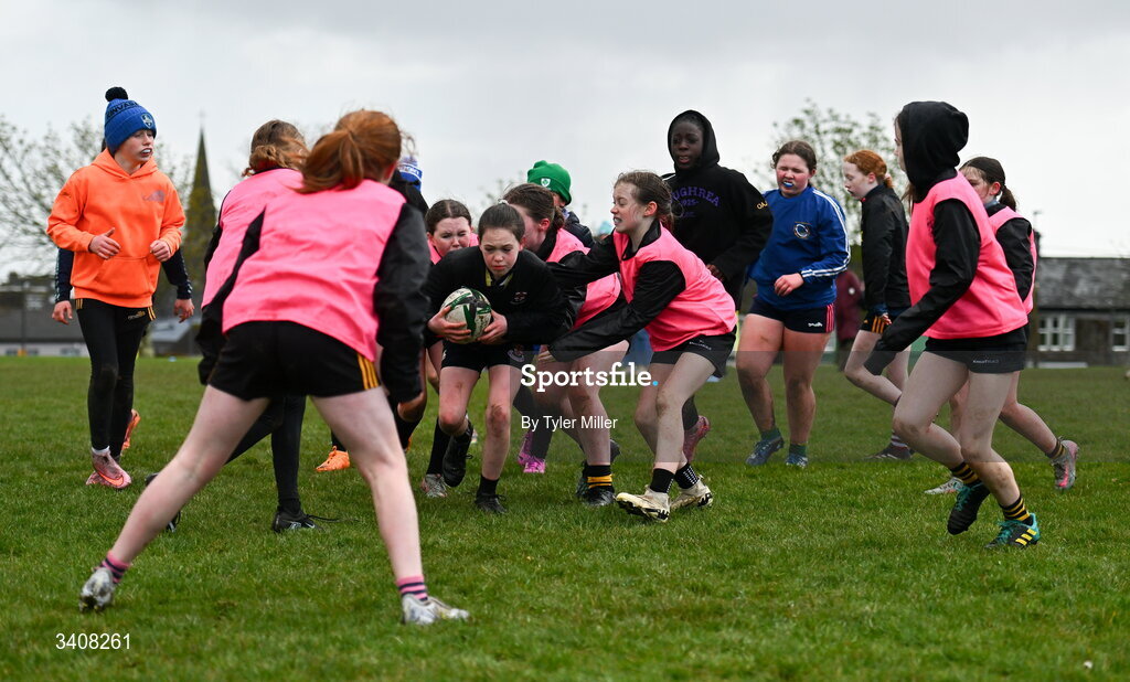 28 March 2026; Action during the Aviva Minis Rugby Festival Connacht match between Dunmore and Loughrea at Galway Bay RFC at Knocknacarra Park in Galway. Photo by Tyler Miller/Sportsfile