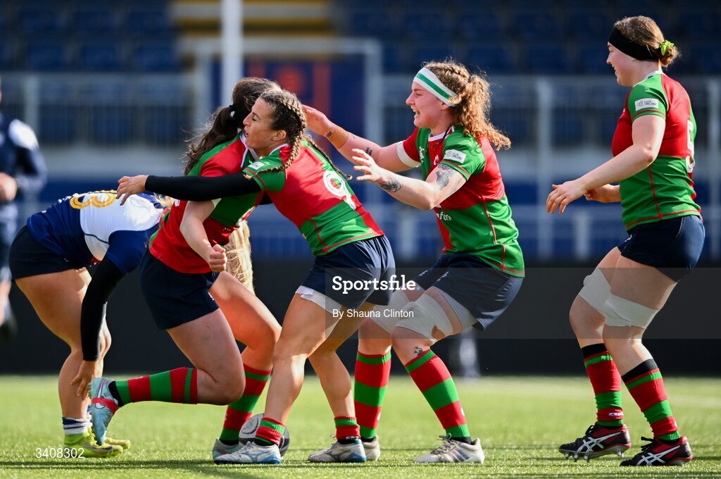 28 March 2026; Niamh Murphy, left, of Clovers is congratulated by team-mates after scoring her side's first try during the Celtic Challenge final match between Wolfhounds and Clovers at The Hive Stadium in Edinburgh, Scotland. Photo by Shauna Clinton/Sportsfile