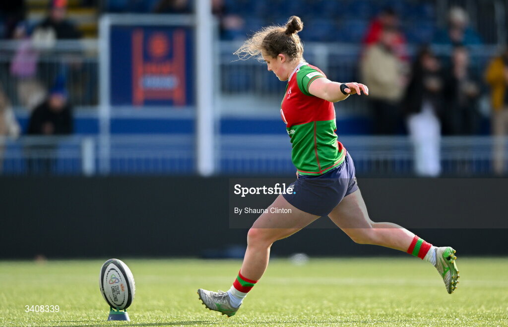 28 March 2026; Enya Breen of Clovers kicks a conversion during the Celtic Challenge final match between Wolfhounds and Clovers at The Hive Stadium in Edinburgh, Scotland. Photo by Shauna Clinton/Sportsfile